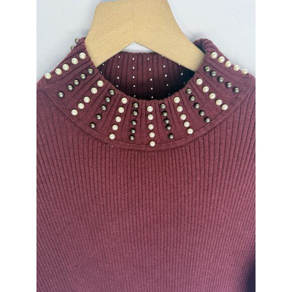 Belldini Womens Pearl Ribbed Knit Sweater Size XL Maroon Peplum Hem Holiday Part - Picture 2 of 11